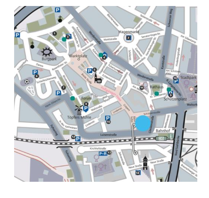 Parkplatzübersicht der Innenstadt Peine mit der Lage der City-Galerie und den nächstgelegenen Parkplätzen
